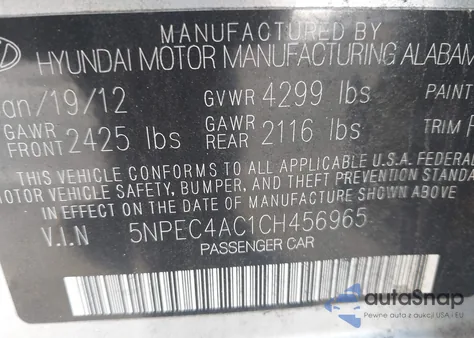 2012 Hyundai Sonata Limited из США, поврежденный, VIN 5NPEC4AC1CH456965